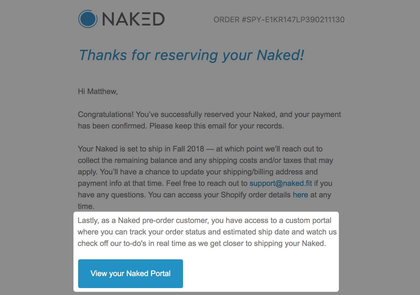 The confirmation email for a customer with a link to their Naked Labs Customer Portal