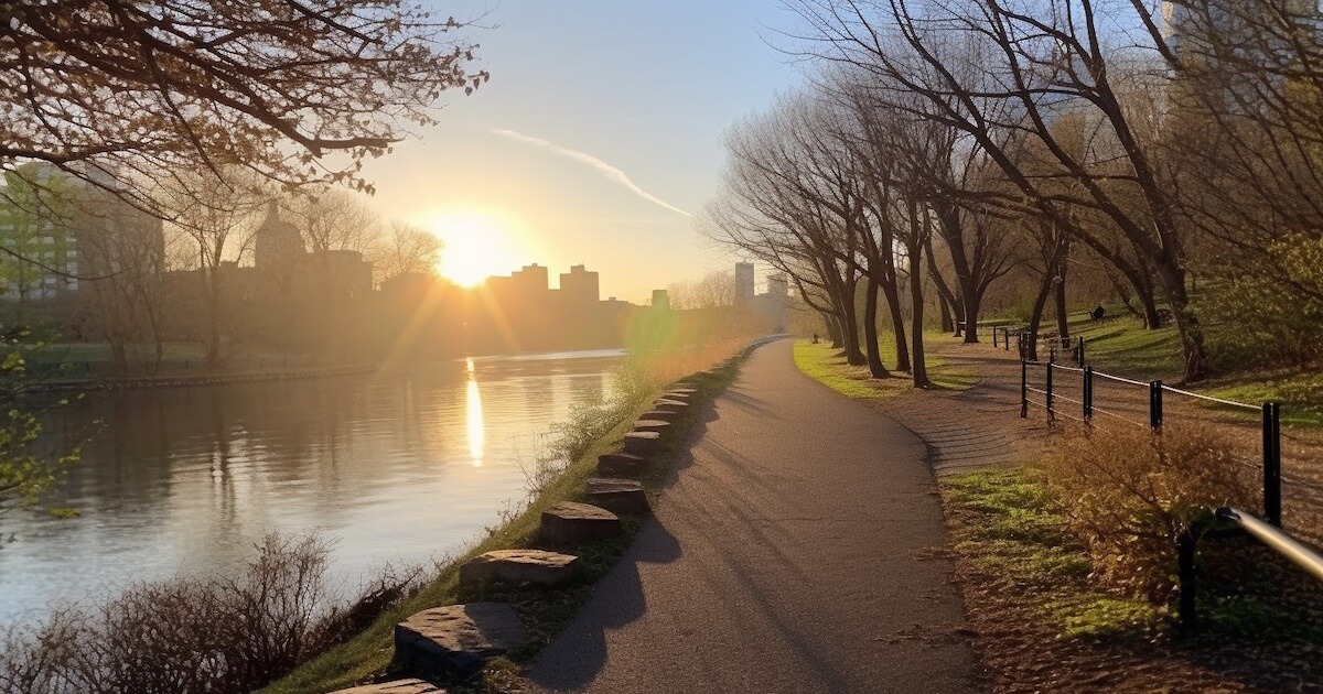 An image of what Central Park + Charles River running path might look like created with Midjourney